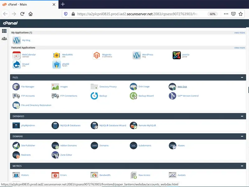 cPanel dashboard