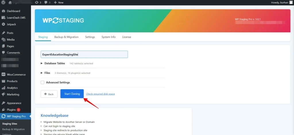 Start Cloning, push learndash staging site to production