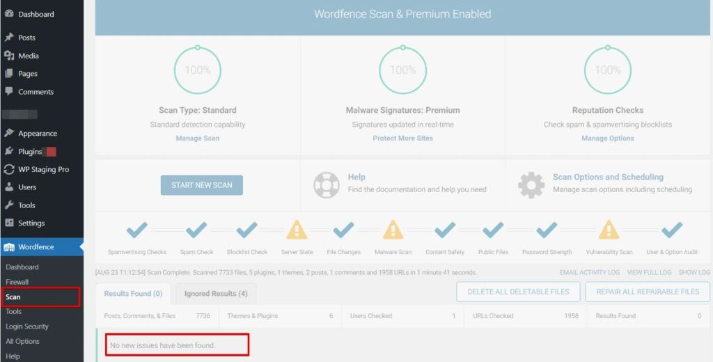 Wordfence plugin scan