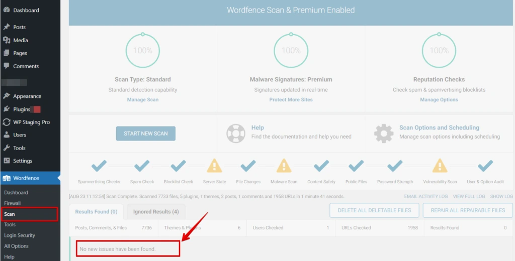 Wordfence plugin scan