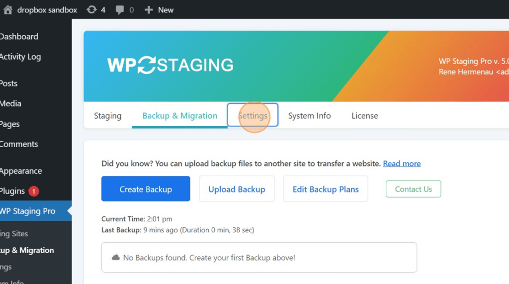 Screenshot of: Click "dropbox Settings"