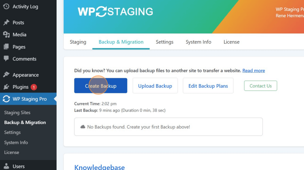 Screenshot of: Click "Create Backup"