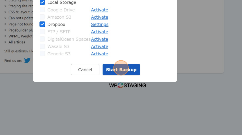 Screenshot of: Click "Start Backup"