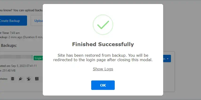 Backup Successfully Restored Modal