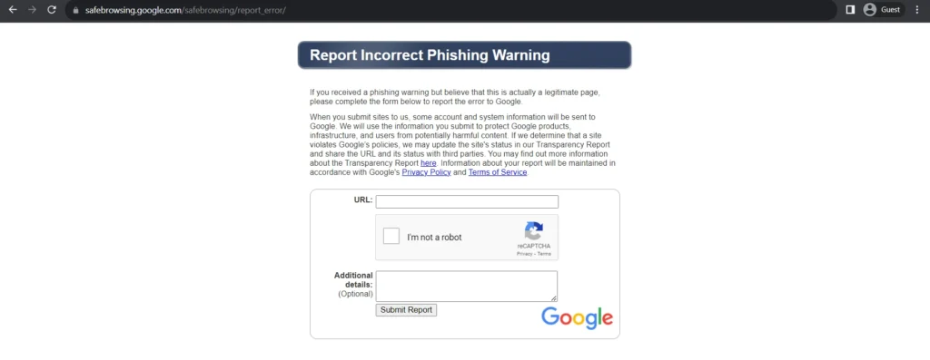 Report phishing warning