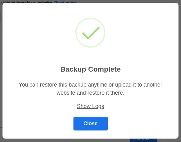 Backup complete modal. This appears when the backup has been successfully created.