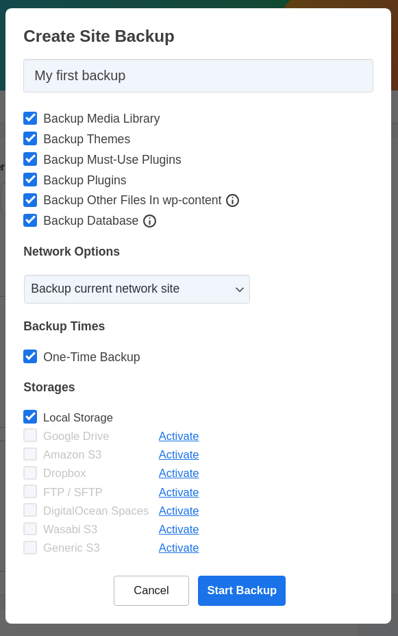 WP Staging Backup Settings. Specifiy if you want to backup the whole website or only plugins, themes, media files or the database.