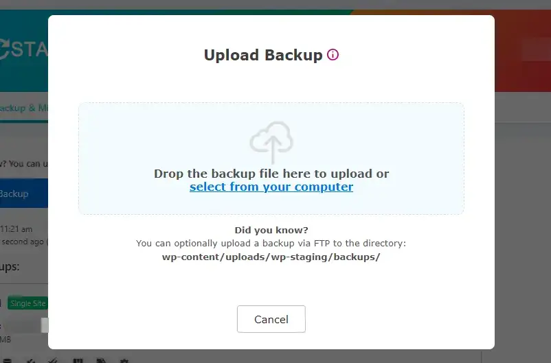 Select the WP STAGING Backup File