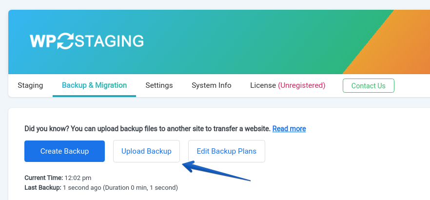 click on the "Upload Backup" button to upload the WordPress backkup file.