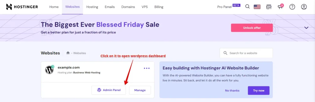 Visit Hostinger Admin panel button