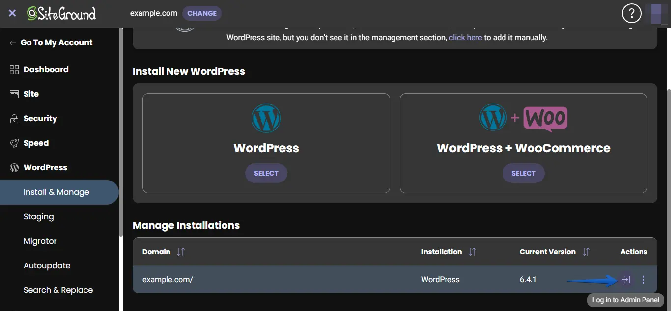 SiteGround admin panel