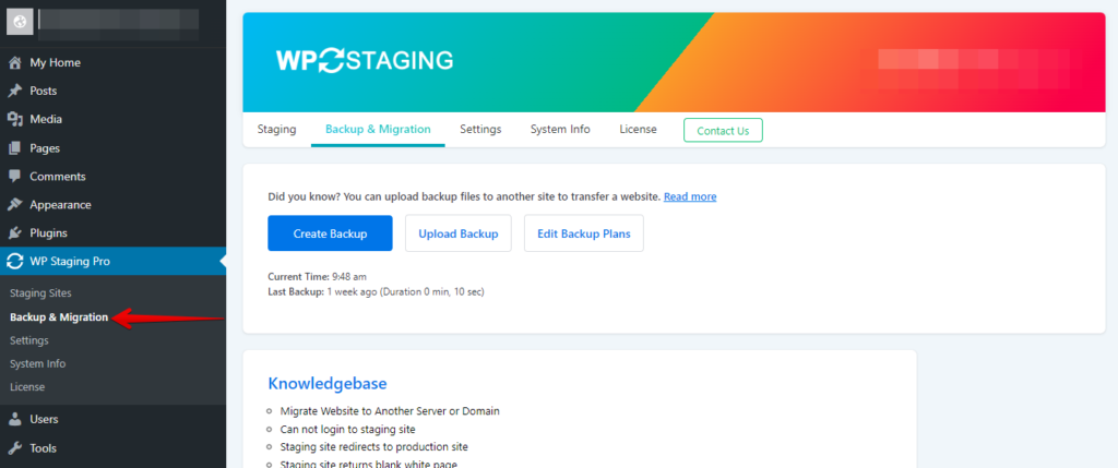 Backup & Migration in wp staging plugin