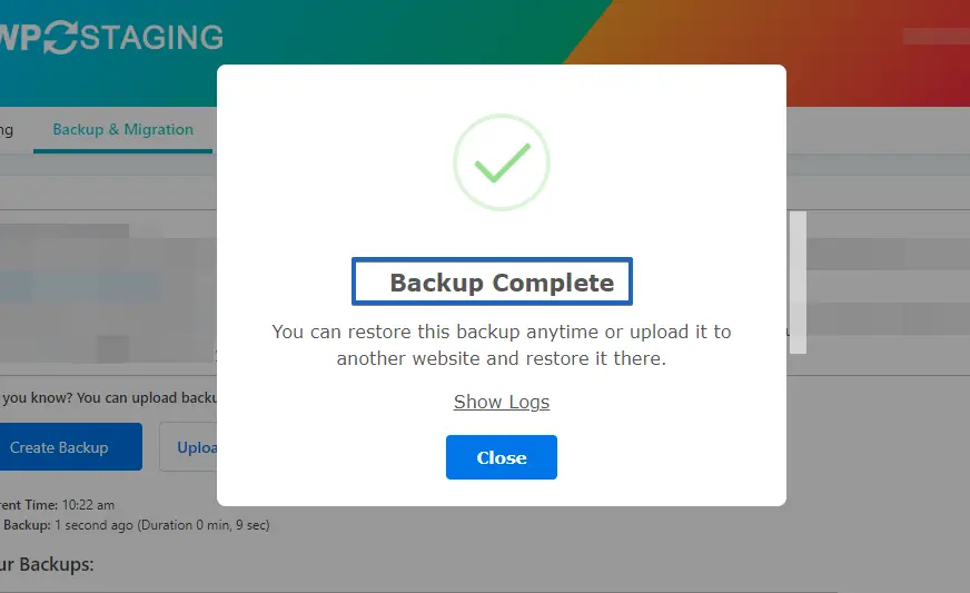 Complete backup modal