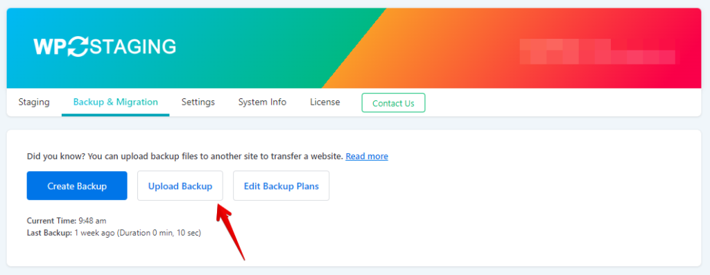 Upload Backup Button in WP Staging