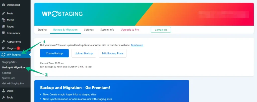 Backup & Migration option in wp staging