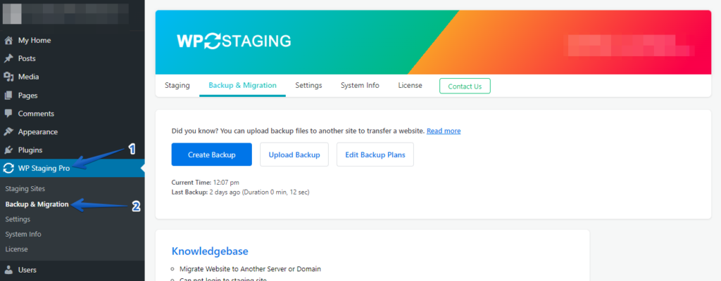 Backup & Migration Option in WP Staging Pro Plugin