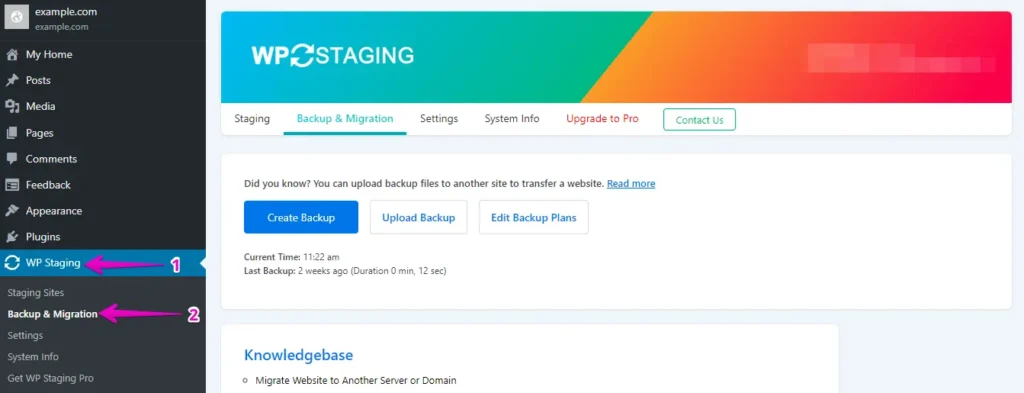 Backup and Migration Option in WP Staging