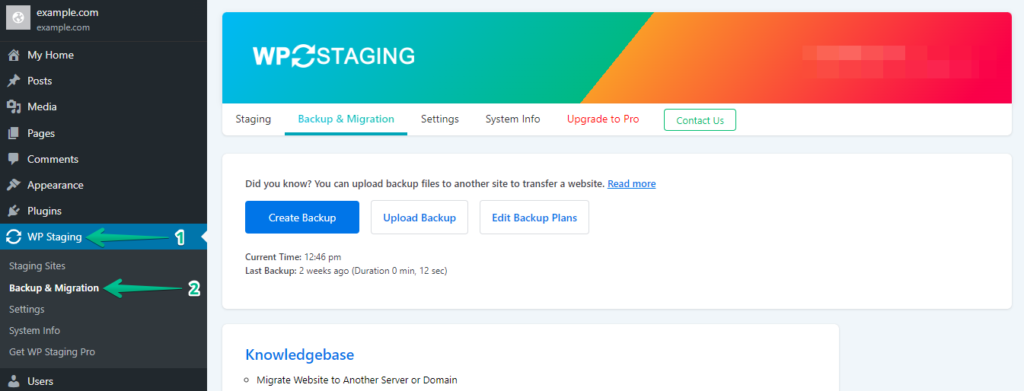 Backup and Migration Option in WP Staging