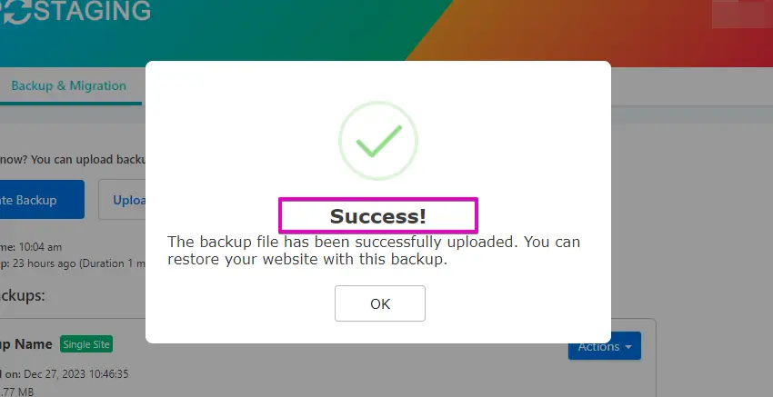 Backup Successfully Uploaded