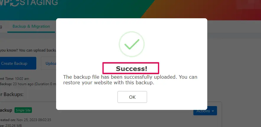 Upload Backup Successfully Uploaded