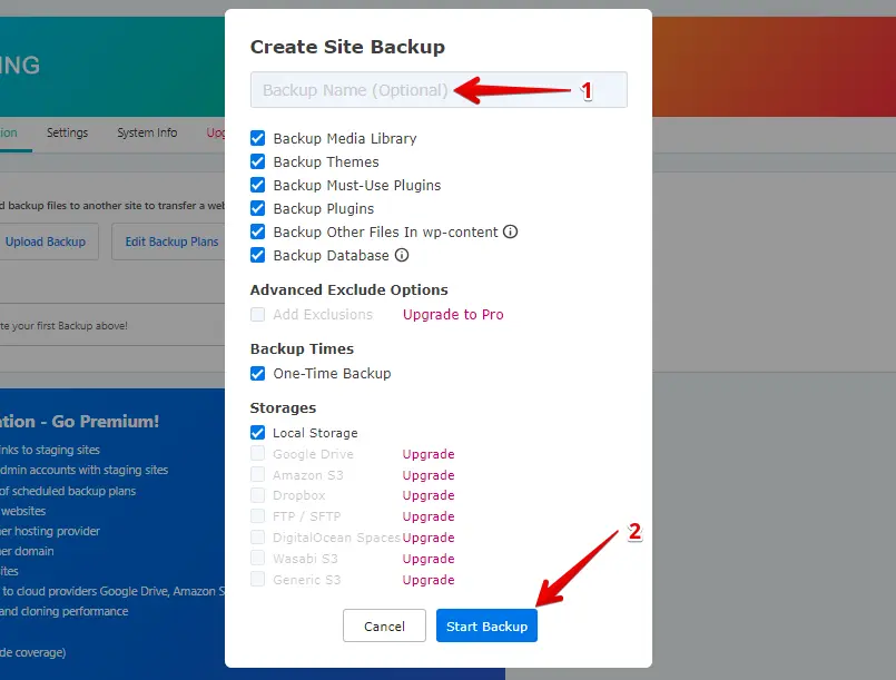 Enter Backup Name and Click Start Backup Button