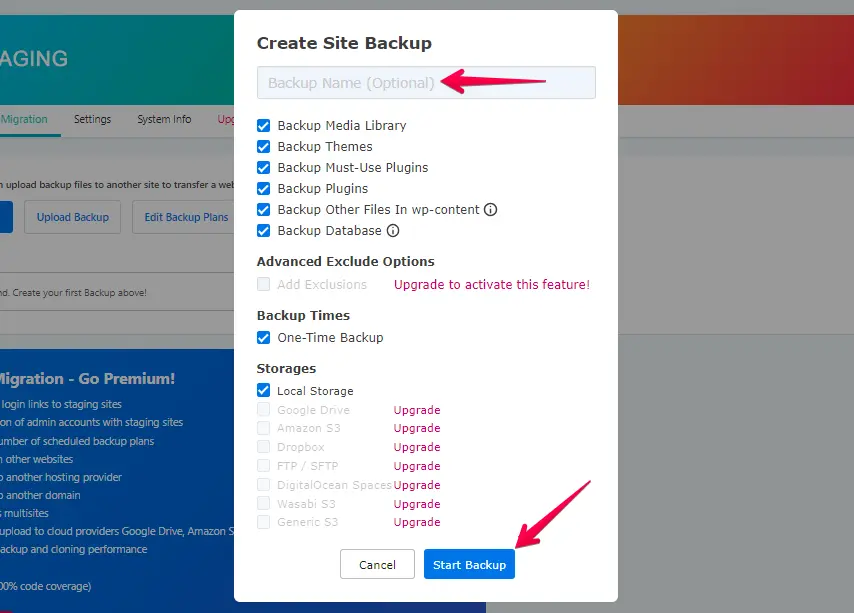 Enter Backup Name and Click Start Backup Button