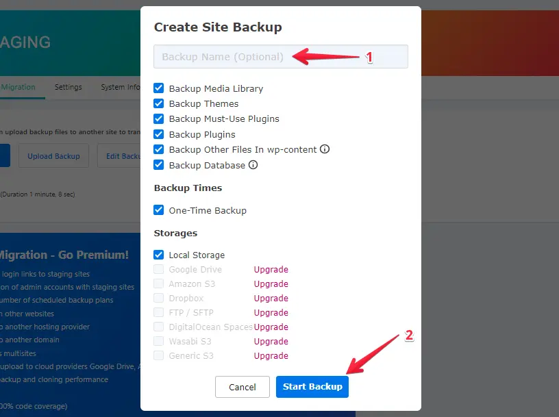 Enter Backup Name and Click Start Backup Button