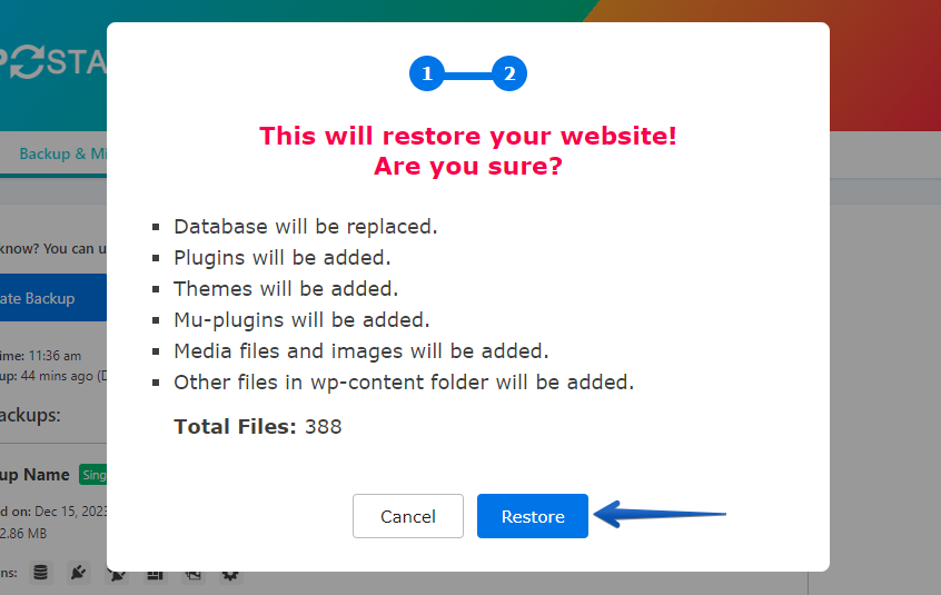 Restore Button in WP Staging Pro Plugin