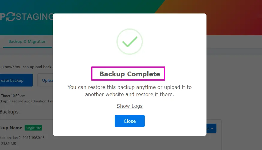 Backup Successfully Created