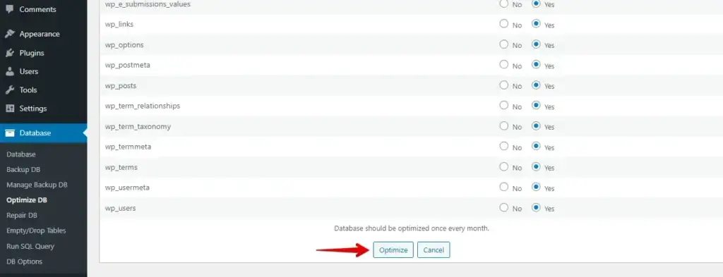 optimize wordpress database