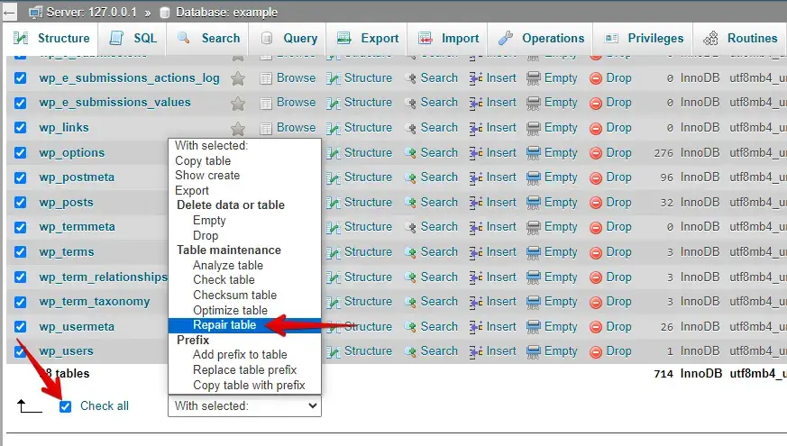 Repair Table Option in phpMyAdmin