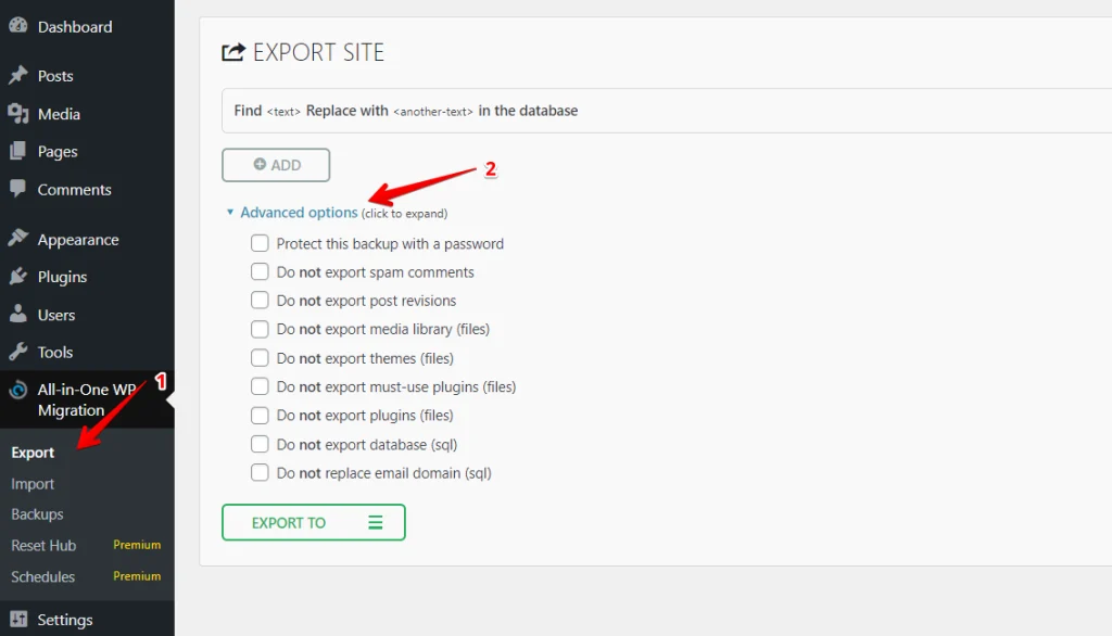 Export All in One WP Migration Backup