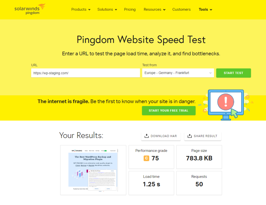 WordPress speed test with Pingdom