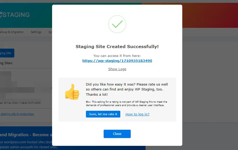 WP Staging Staging Site Creatd Successfully