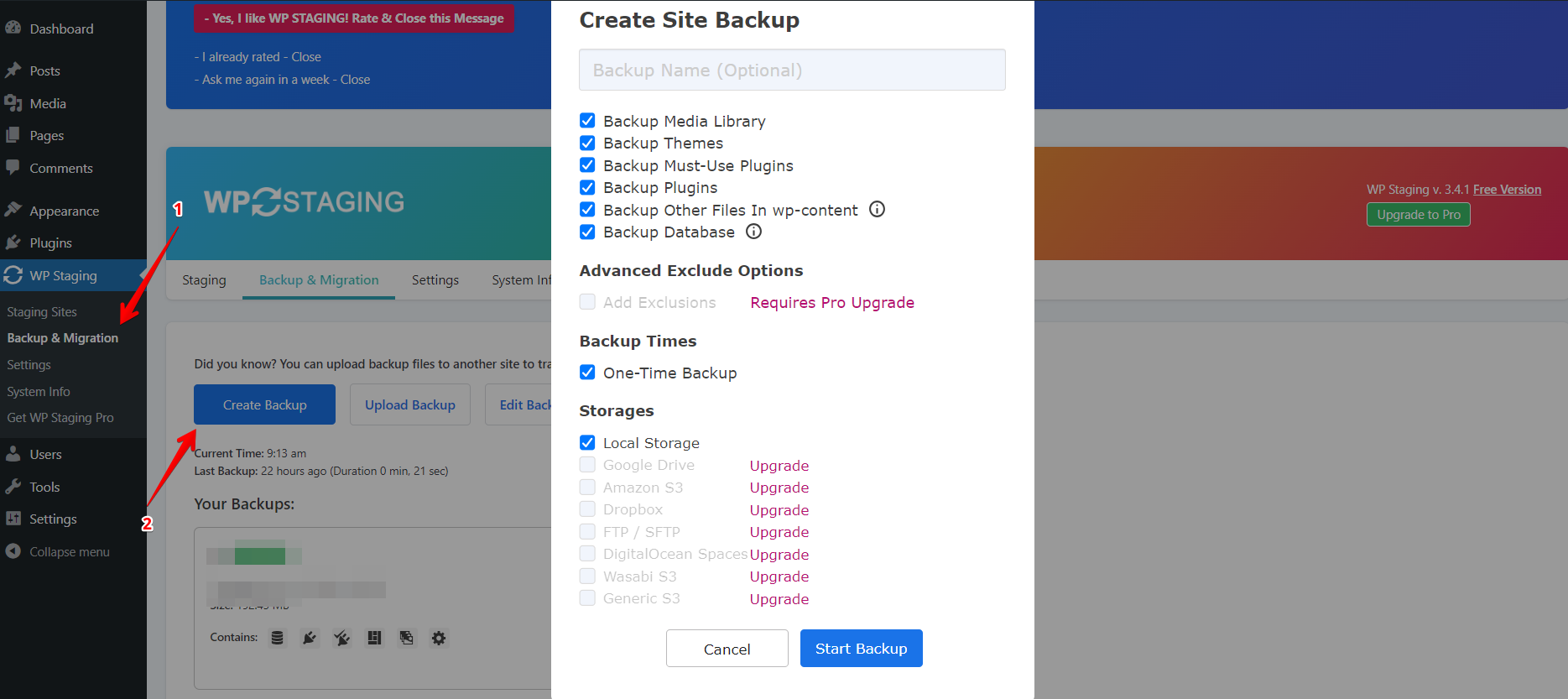 WP Staging Create Backup