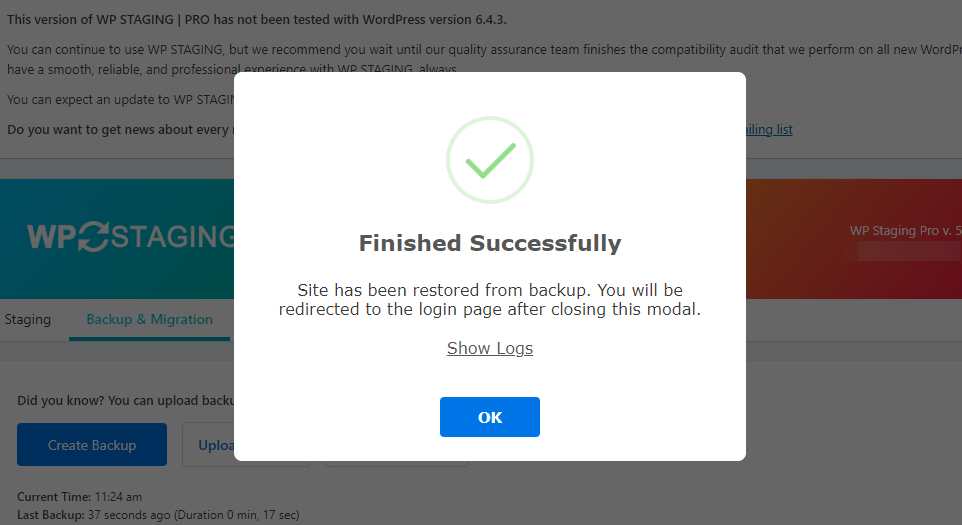 WP Staging Backup Successfully Restored