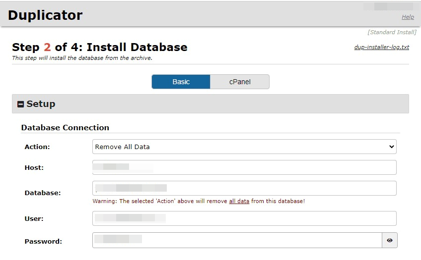 Duplicator database install