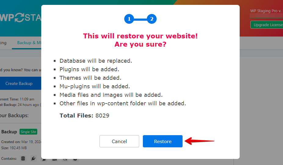 WP Staging Restore Button