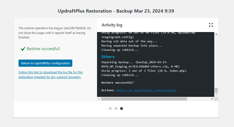 Backup Successfully Restored Using UpdraftPlus