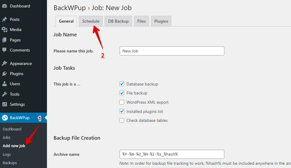 Schedule Backup in BackWPup