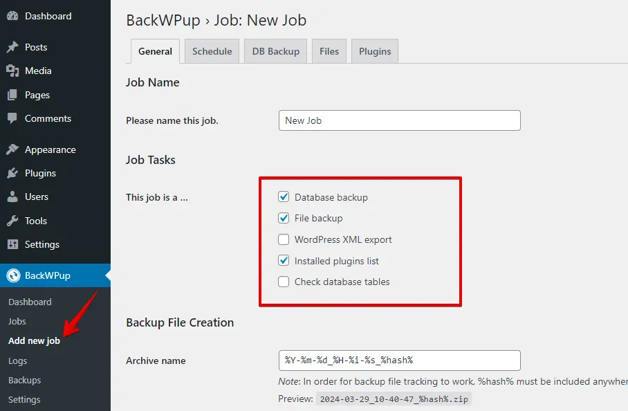 Create Job Using BackWPup