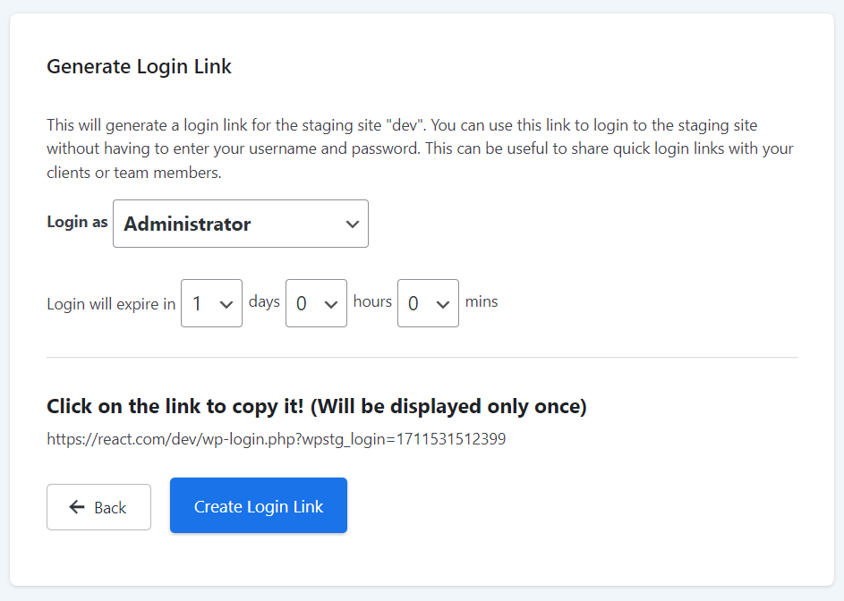 Share Login Link to staging site