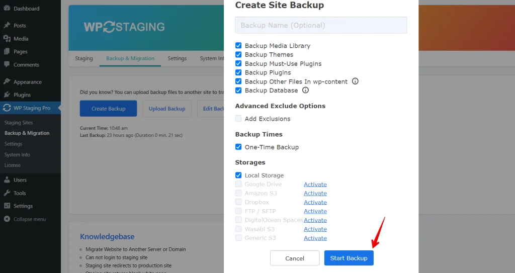 WP Staging Start Backup