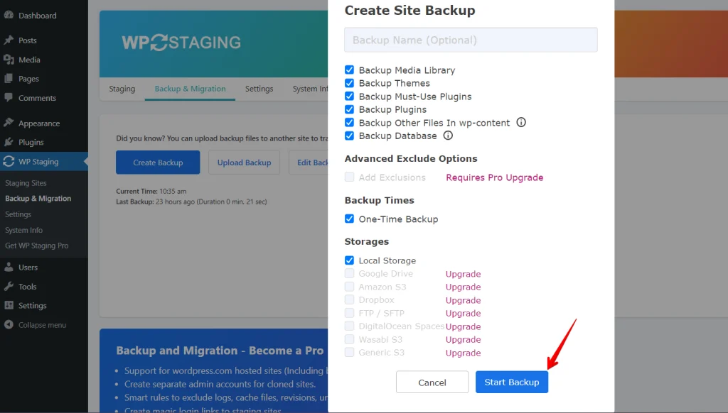 Start WP Staging Backup