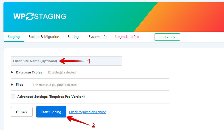 WP Staging Start Cloning Button