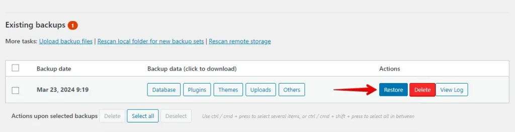 Restore Backup Using UpdraftPlus