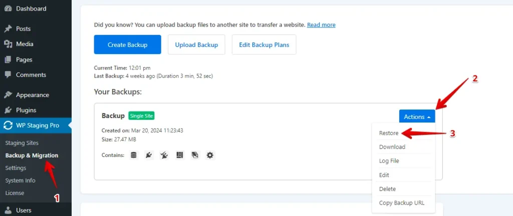 WP Staging Restore Backup