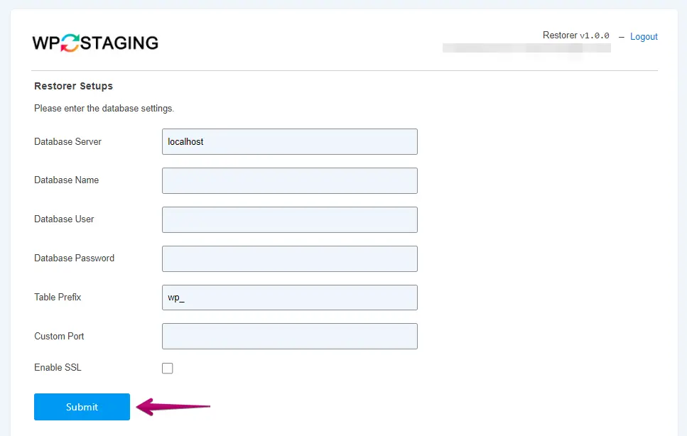 Enter Database detils setting