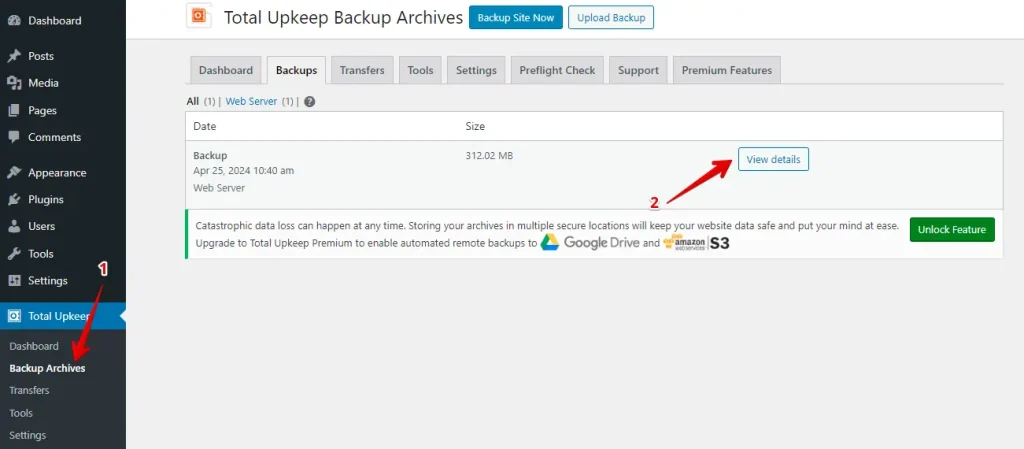 Total Upkeep View Backup Details