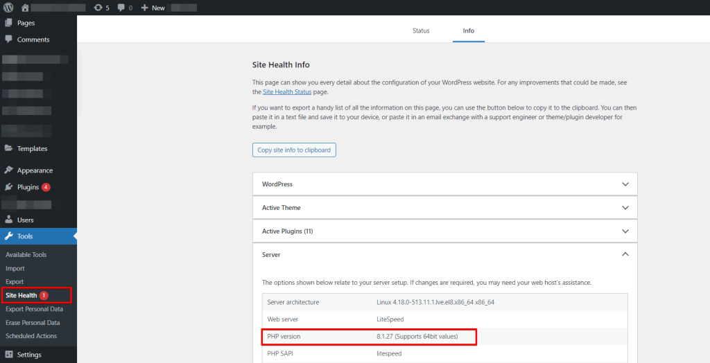 WordPress Site Health Info PHP Version